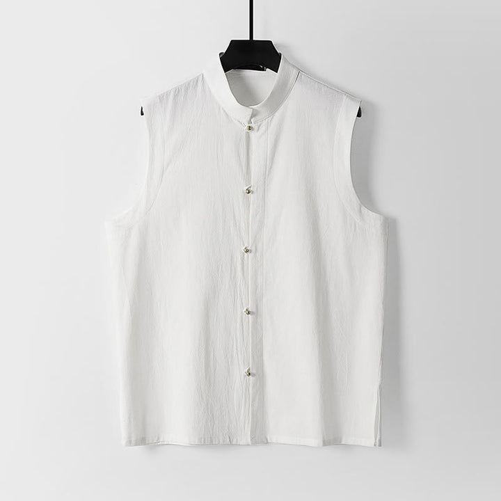 Buddha Stones Gilet senza maniche in cotone e lino da uomo con colletto rialzato, tinta unita, estivo - Bianco - US/UK/AU54, EU64 (9XL) - image 2