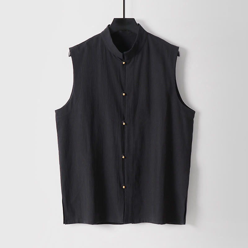 Buddha Stones Gilet senza maniche in cotone e lino da uomo con colletto rialzato, tinta unita, estivo - Nero - US/UK/AU54, EU64 (9XL) - image 4