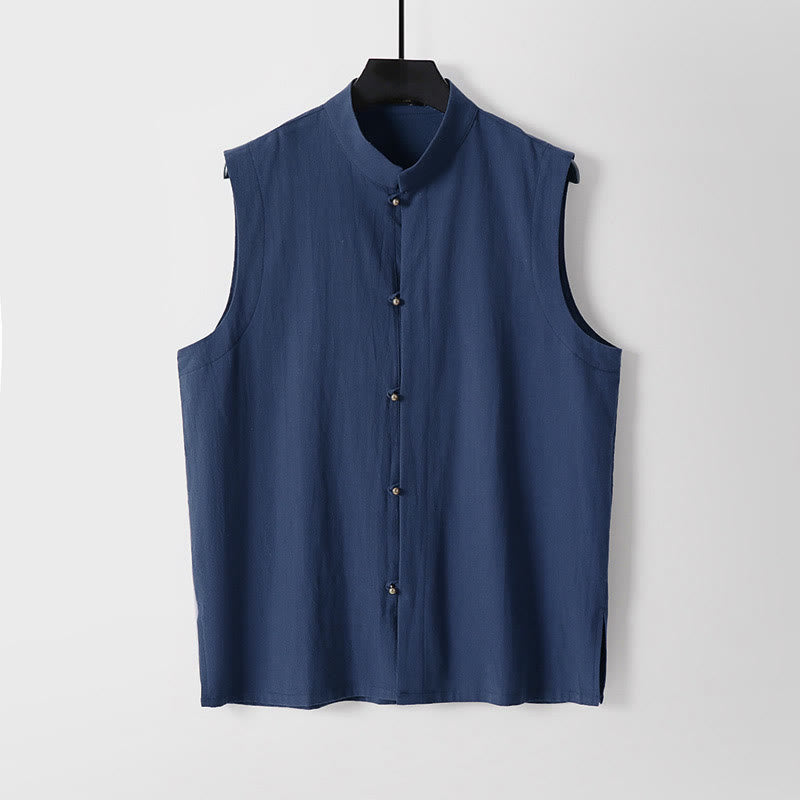 Buddha Stones Gilet senza maniche in cotone e lino da uomo con colletto rialzato, tinta unita, estivo - Marina - US/UK/AU54, EU64 (9XL) - image 14