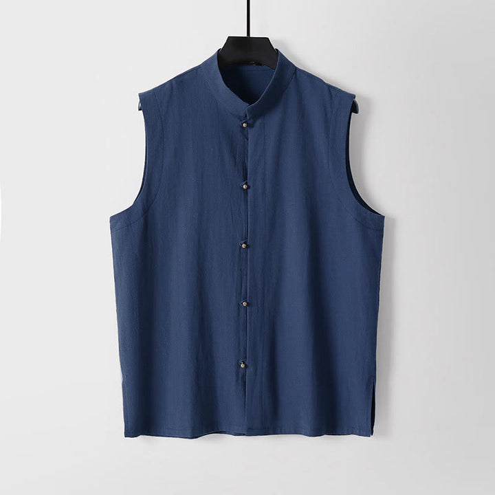 Buddha Stones Gilet senza maniche in cotone e lino da uomo con colletto rialzato, tinta unita, estivo - Marina - US/UK/AU54, EU64 (9XL) - image 14
