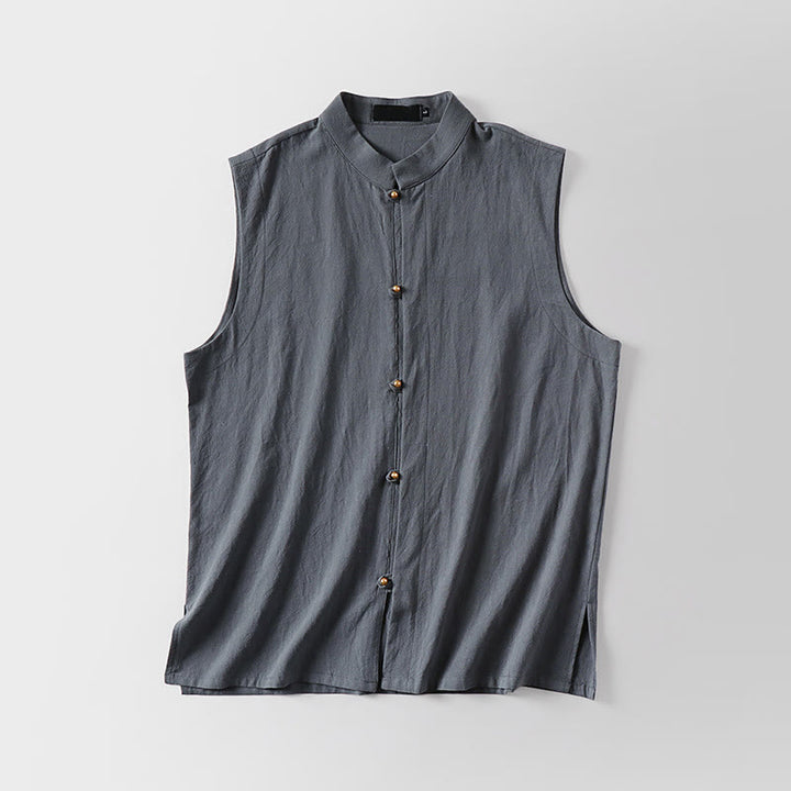Buddha Stones Gilet senza maniche in cotone e lino da uomo con colletto rialzato, tinta unita, estivo - image 1