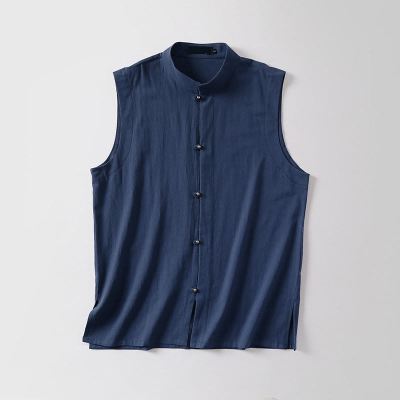 Buddha Stones Gilet senza maniche in cotone e lino da uomo con colletto rialzato, tinta unita, estivo - image 15