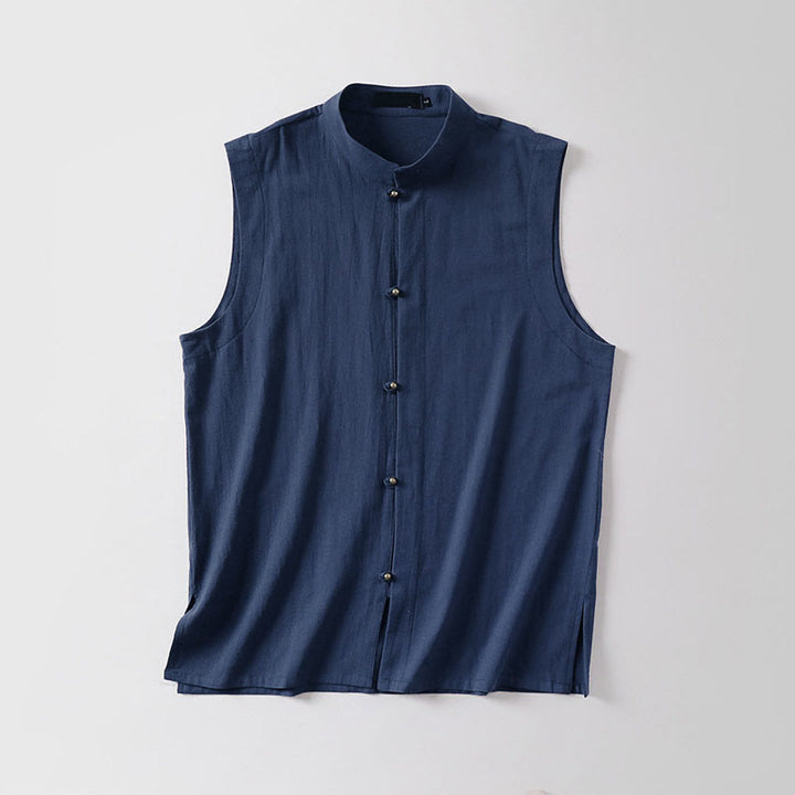Buddha Stones Gilet senza maniche in cotone e lino da uomo con colletto rialzato, tinta unita, estivo - image 15