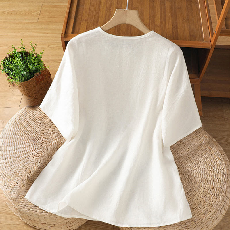 Buddha Stones T-shirt casual da donna in cotone con scollo rotondo e motivo floreale - image 1