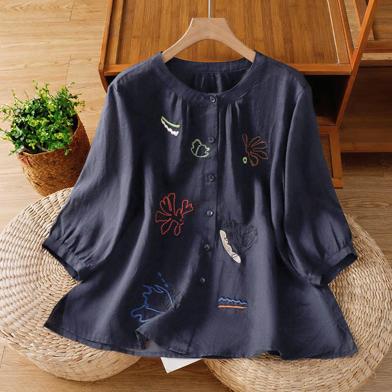 Buddha Stones Camicia da donna in poliestere con maniche corte e scollo rotondo e motivo a zucca corallo - Blu notte - US8-10, UK/AU12-14, EU40-42 (2XL) - image 0