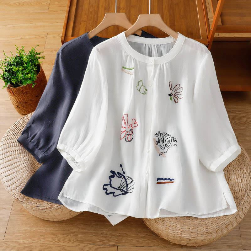 Buddha Stones Camicia da donna in poliestere con maniche corte e scollo rotondo e motivo a zucca corallo - image 18