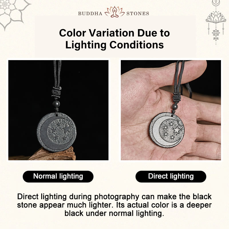 Collana con ciondolo di protezione in pietra di shungite autentica con design rotondo a forma di stella di luna Buddha Stones - image 4