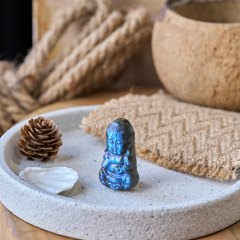 Buddha Stones Statua di guarigione in labradorite naturale con simbolo del Buddha, decorazione per la casa - image 5