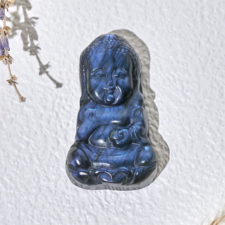 Buddha Stones Statua di guarigione in labradorite naturale con simbolo del Buddha, decorazione per la casa - image 2