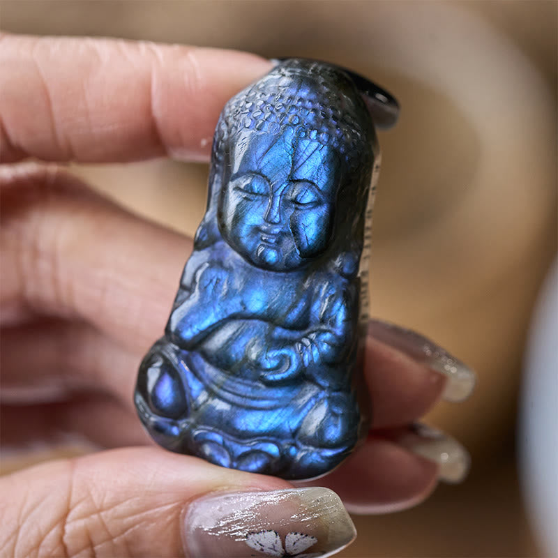 Buddha Stones Statua di guarigione in labradorite naturale con simbolo del Buddha, decorazione per la casa - image 4