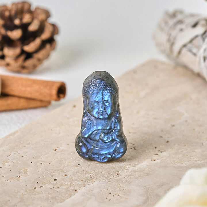 Buddha Stones Statua di guarigione in labradorite naturale con simbolo del Buddha, decorazione per la casa - image 1