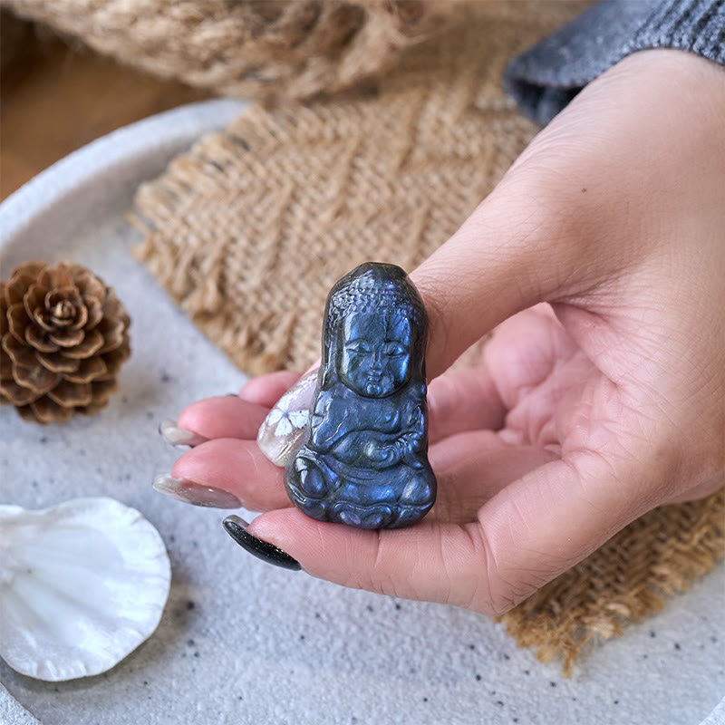 Buddha Stones Statua di guarigione in labradorite naturale con simbolo del Buddha, decorazione per la casa - image 3