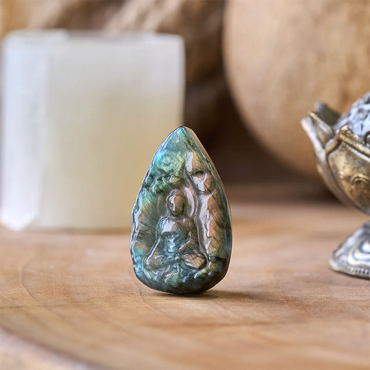 Buddha Stones Statua di Buddha in labradorite naturale con incisione a forma di lacrima, decorazione per la casa - image 2