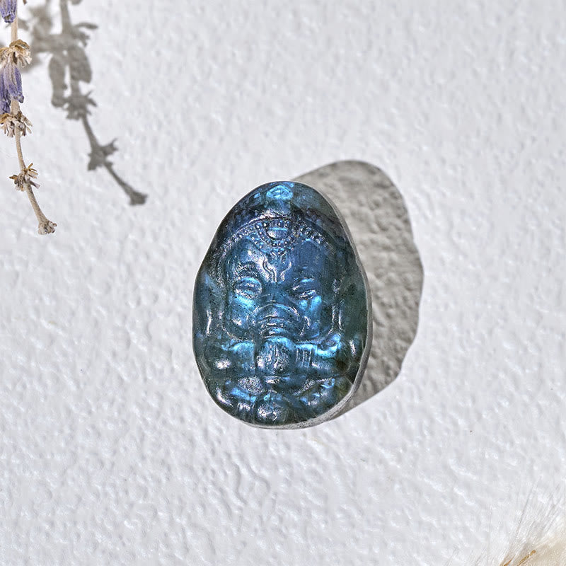 Buddha Stones Statua di protezione curativa in labradorite naturale con statuetta di elefante Ganesh, decorazione per la casa - image 1