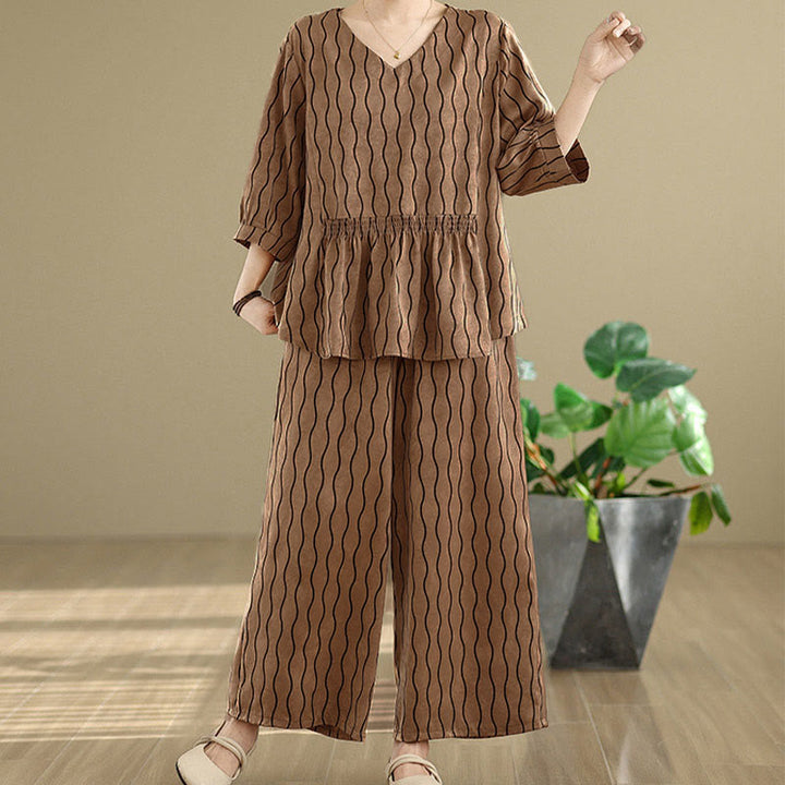 Buddha Stones Set di 2 pantaloni harem in poliestere con motivo a righe, manica corta, lunghezza 7, con tasca - Perù - US12, UK/AU16, EU44 (3XL) - image 0