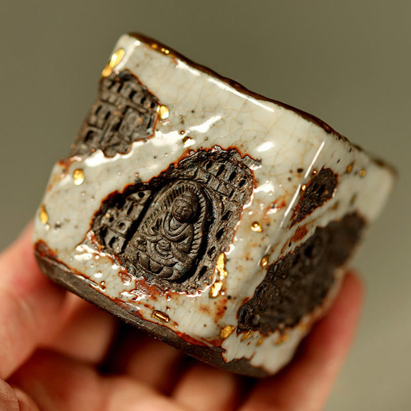 Buddha Stones Tazza da tè in ceramica Shino Buddha Dunhuang dipinta a mano, tazza da tè Kung Fu - image 1