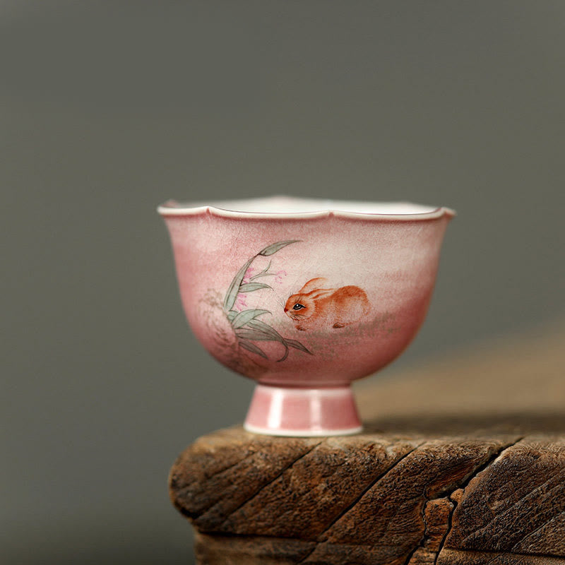 Buddha Stones Tazza da tè in ceramica dipinta a mano con fiore di orchidea e begonia, tazza da tè Kung Fu da 75 ml - Fiore di orchidea coniglio 7,3 cm * 5,5 cm * 75 ml - image 0