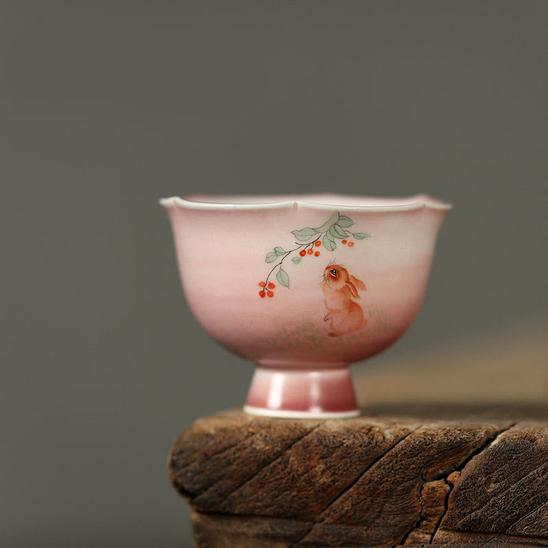 Buddha Stones Tazza da tè in ceramica dipinta a mano con fiore di orchidea e begonia, tazza da tè Kung Fu da 75 ml - Coniglio che salta fiore 7,3 cm * 5,5 cm * 75 ml - image 1