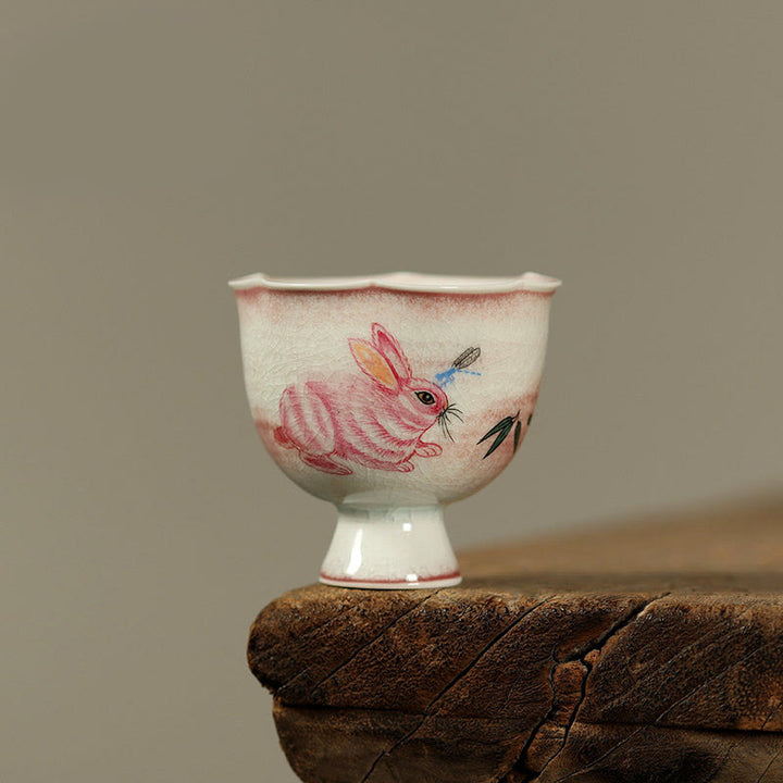 Buddha Stones Tazza da tè in ceramica dipinta a mano con fiore di orchidea e begonia, tazza da tè Kung Fu da 75 ml - Coniglio rosa 7,3 cm * 5,5 cm * 75 ml - image 2