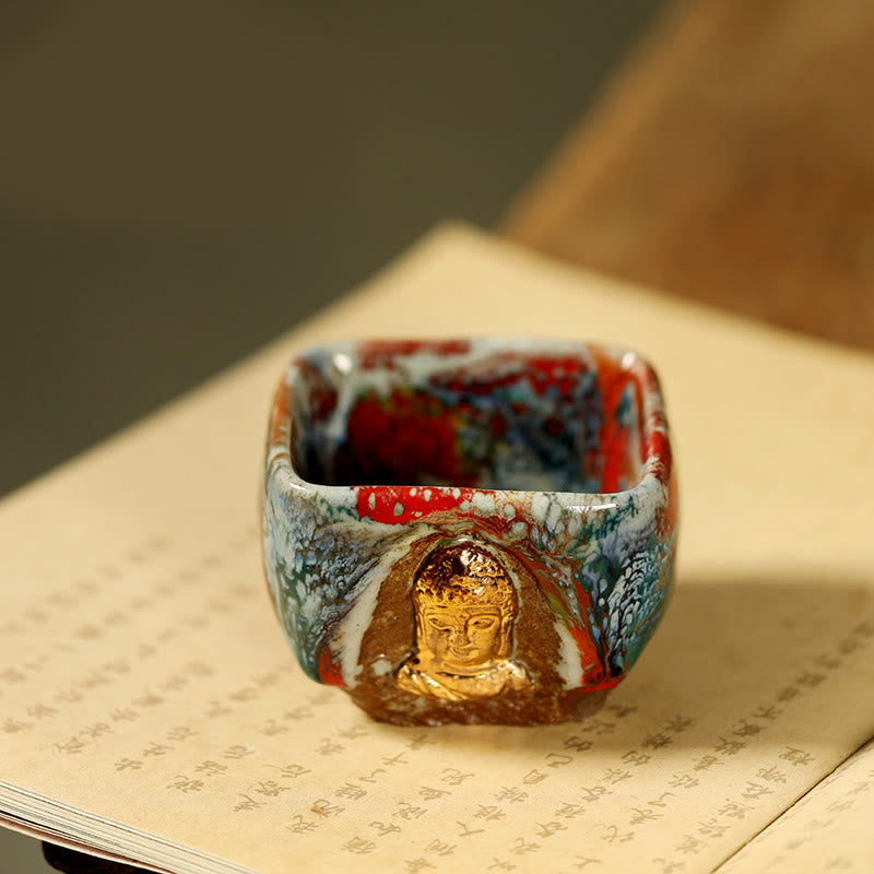 Buddha Stones Tazza da tè in ceramica Shino raffigurante il Buddha in meditazione di Dunhuang dipinta a mano, tazza da tè Kung Fu - Buddha 7 cm * 5,5 cm * 125 ml - image 7