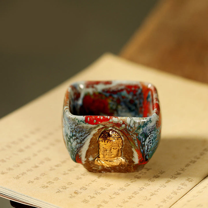 Buddha Stones Tazza da tè in ceramica Shino raffigurante il Buddha in meditazione di Dunhuang dipinta a mano, tazza da tè Kung Fu - Buddha 7 cm * 5,5 cm * 125 ml - image 7