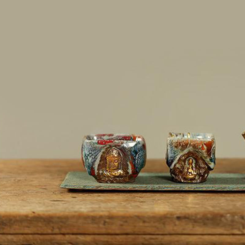 Buddha Stones Tazza da tè in ceramica Shino raffigurante il Buddha in meditazione di Dunhuang dipinta a mano, tazza da tè Kung Fu - image 15
