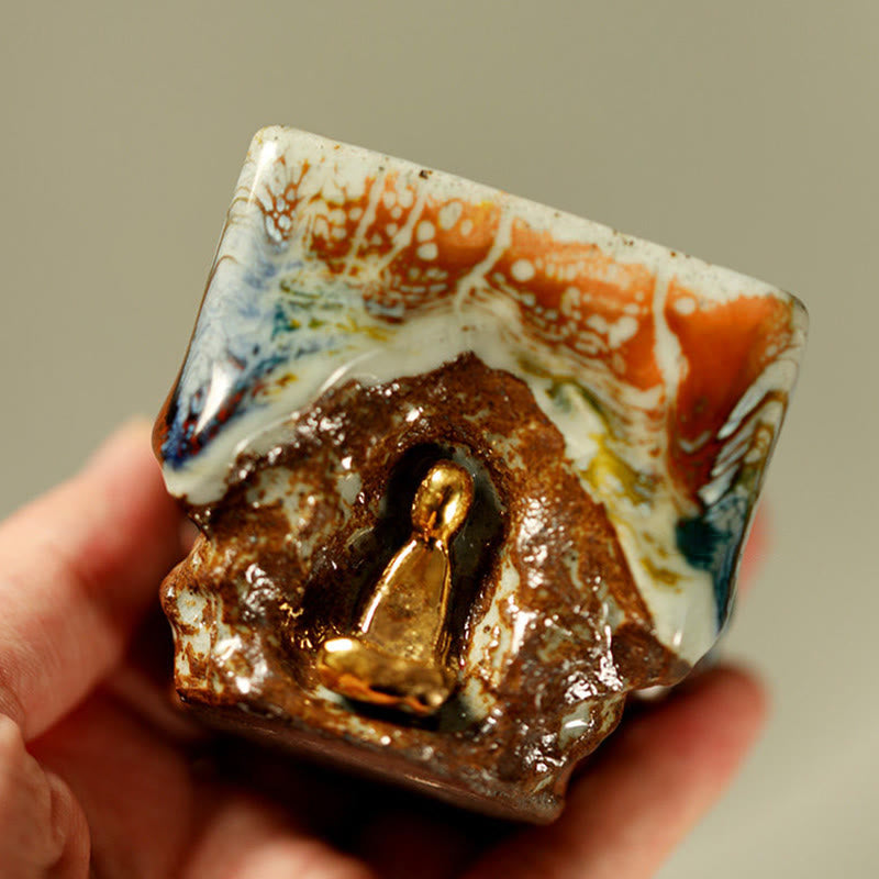 Buddha Stones Tazza da tè in ceramica Shino raffigurante il Buddha in meditazione di Dunhuang dipinta a mano, tazza da tè Kung Fu - image 1