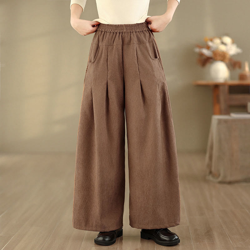 Buddha Stones Pantaloni larghi da donna in velluto a coste marrone chiaro primaverile con tasche - image 2