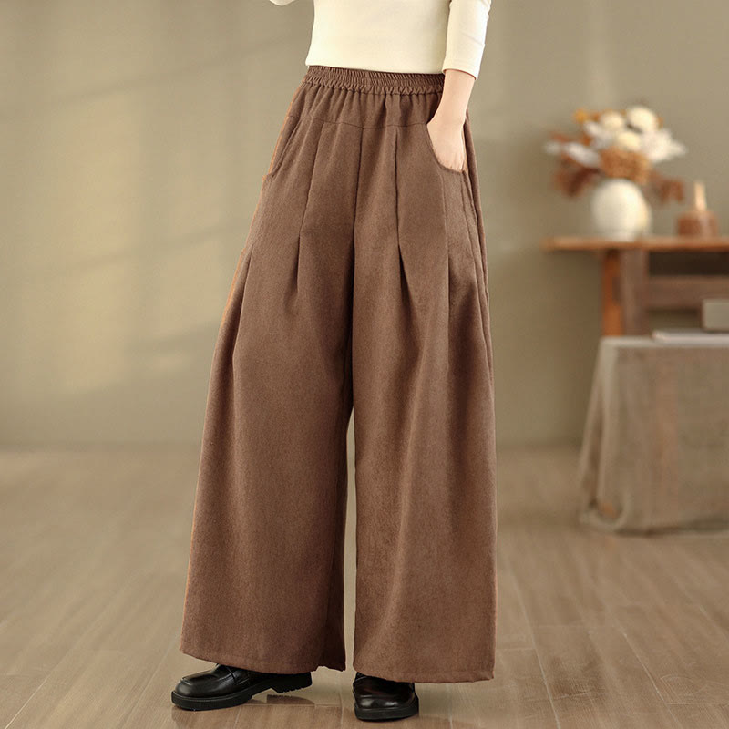 Buddha Stones Pantaloni larghi da donna in velluto a coste marrone chiaro primaverile con tasche - image 3