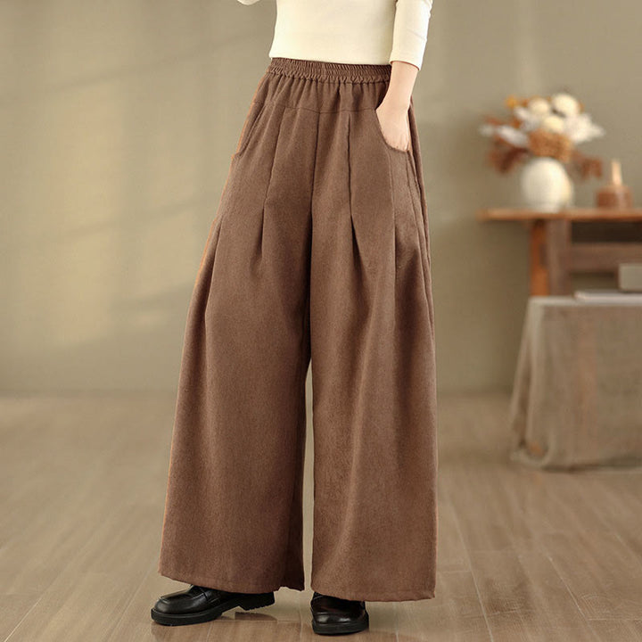 Buddha Stones Pantaloni larghi da donna in velluto a coste marrone chiaro primaverile con tasche - image 3