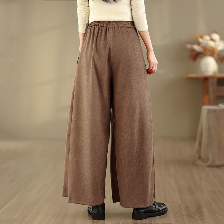 Buddha Stones Pantaloni larghi da donna in velluto a coste marrone chiaro primaverile con tasche - image 4