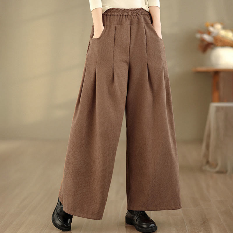 Buddha Stones Pantaloni larghi da donna in velluto a coste marrone chiaro primaverile con tasche - image 1