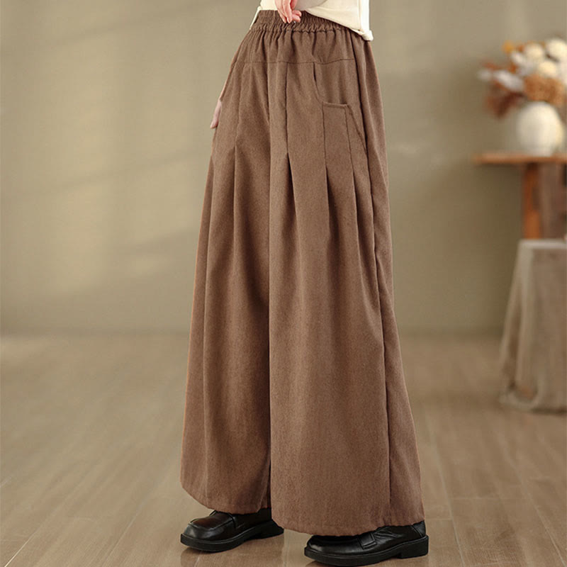 Buddha Stones Pantaloni larghi da donna in velluto a coste marrone chiaro primaverile con tasche - image 5