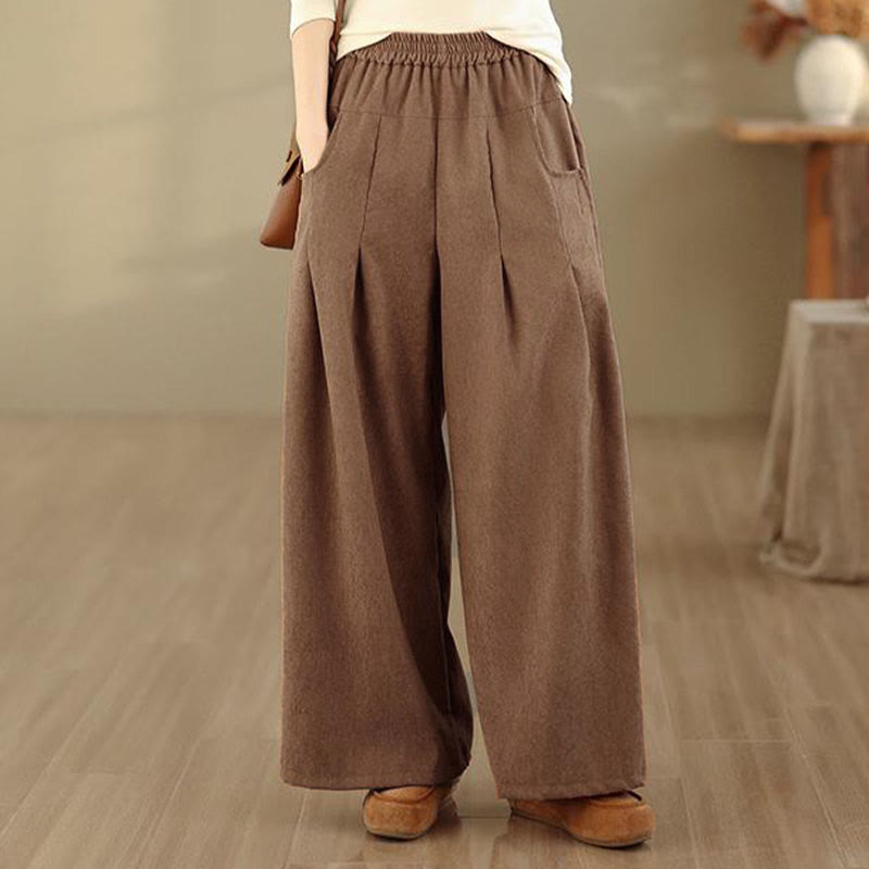 Buddha Stones Pantaloni larghi da donna in velluto a coste marrone chiaro primaverile con tasche - image 6