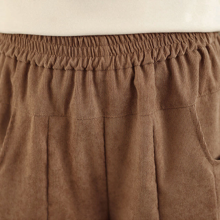 Buddha Stones Pantaloni larghi da donna in velluto a coste marrone chiaro primaverile con tasche - image 7