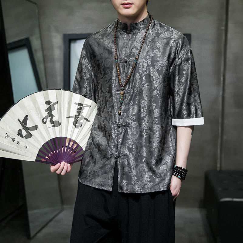 Buddha Stones Camicie da uomo a maniche corte con bottoni a rana e motivo floreale estivo di anacardi - Grigio - US/UK/AU46, EU56 (5XL) - image 0