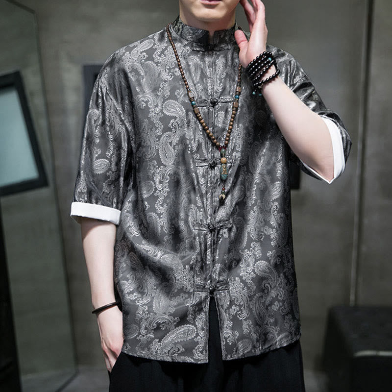 Buddha Stones Camicie da uomo a maniche corte con bottoni a rana e motivo floreale estivo di anacardi - image 1