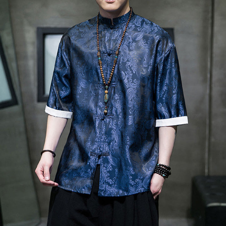 Buddha Stones Camicie da uomo a maniche corte con bottoni a rana e motivo floreale estivo di anacardi - image 30