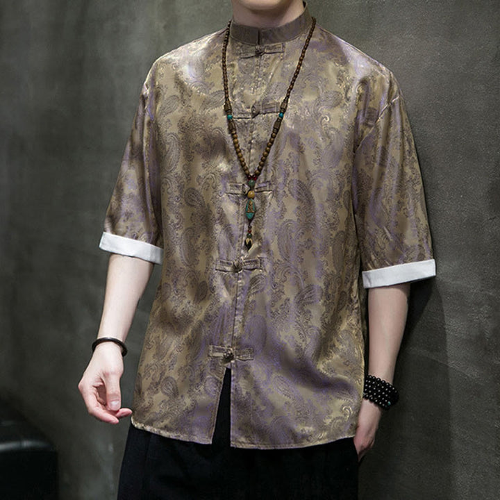 Buddha Stones Camicie da uomo a maniche corte con bottoni a rana e motivo floreale estivo di anacardi - image 47