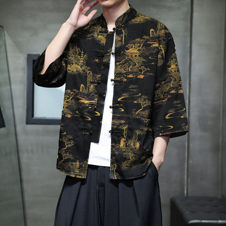 Buddha Stones Spring Frog-Button Dragon Mountain Flower Three Quarter Sleeve Tang Suit Men's Shirt With Pockets - Nero - US/UK/AU44，EU54 (5XL) - image 29