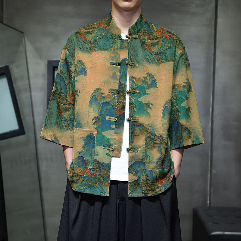 Buddha Stones Spring Frog-Button Dragon Mountain Flower Three Quarter Sleeve Tang Suit Men's Shirt With Pockets - GialloVerde - US/UK/AU44，EU54 (5XL) - image 38