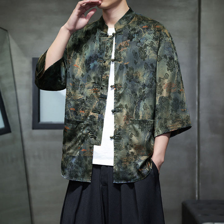 Buddha Stones Spring Frog-Button Dragon Mountain Flower Three Quarter Sleeve Tang Suit Men's Shirt With Pockets - Verde oliva - US/UK/AU44，EU54 (5XL) - image 49