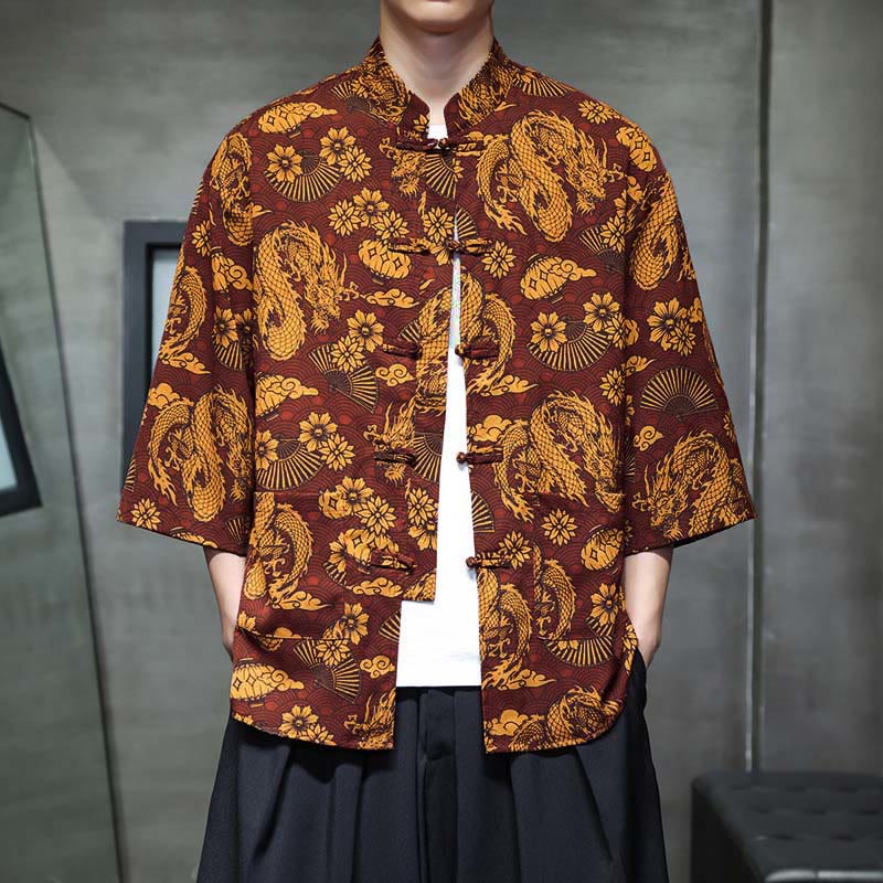 Buddha Stones Spring Frog-Button Dragon Mountain Flower Three Quarter Sleeve Tang Suit Men's Shirt With Pockets - Perù - US/UK/AU44，EU54 (5XL) - image 0