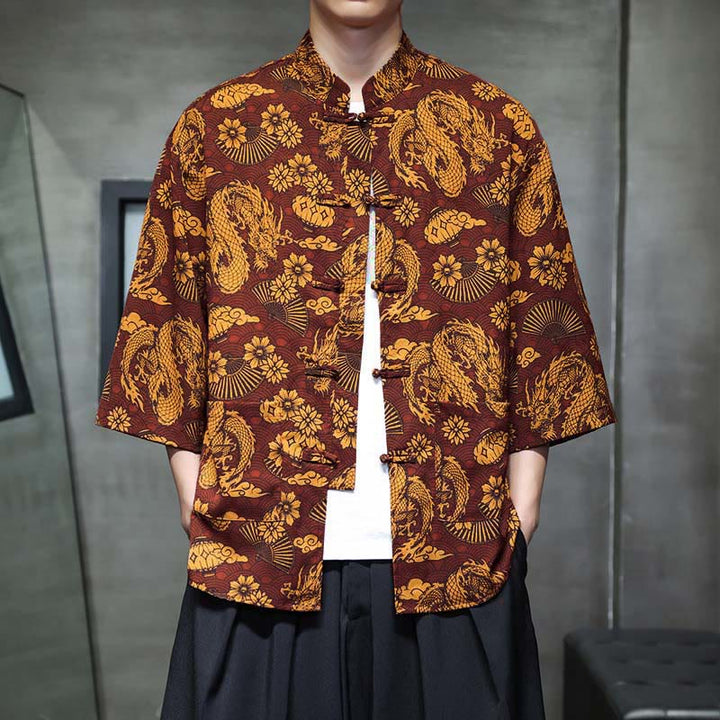 Buddha Stones Spring Frog-Button Dragon Mountain Flower Three Quarter Sleeve Tang Suit Men's Shirt With Pockets - Perù - US/UK/AU44，EU54 (5XL) - image 0