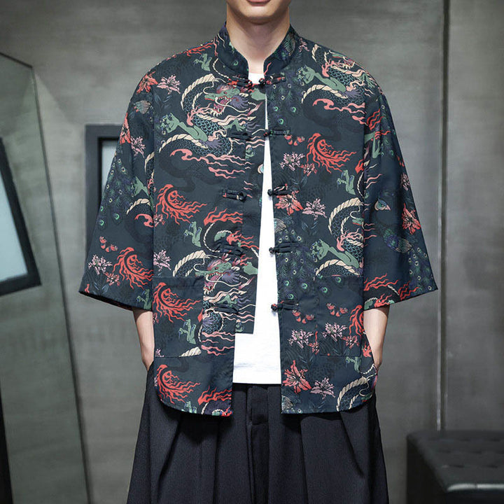 Buddha Stones Spring Frog-Button Dragon Mountain Flower Three Quarter Sleeve Tang Suit Men's Shirt With Pockets - Blu notte - US/UK/AU44，EU54 (5XL) - image 19