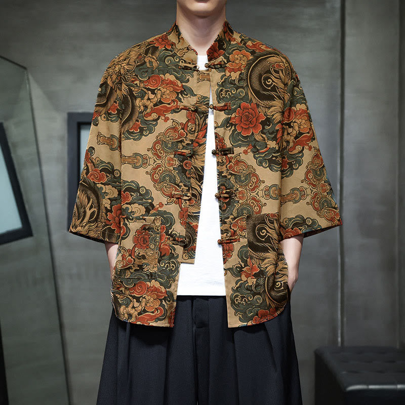 Buddha Stones Spring Frog-Button Dragon Mountain Flower Three Quarter Sleeve Tang Suit Men's Shirt With Pockets - Biscotto - US/UK/AU44，EU54 (5XL) - image 10