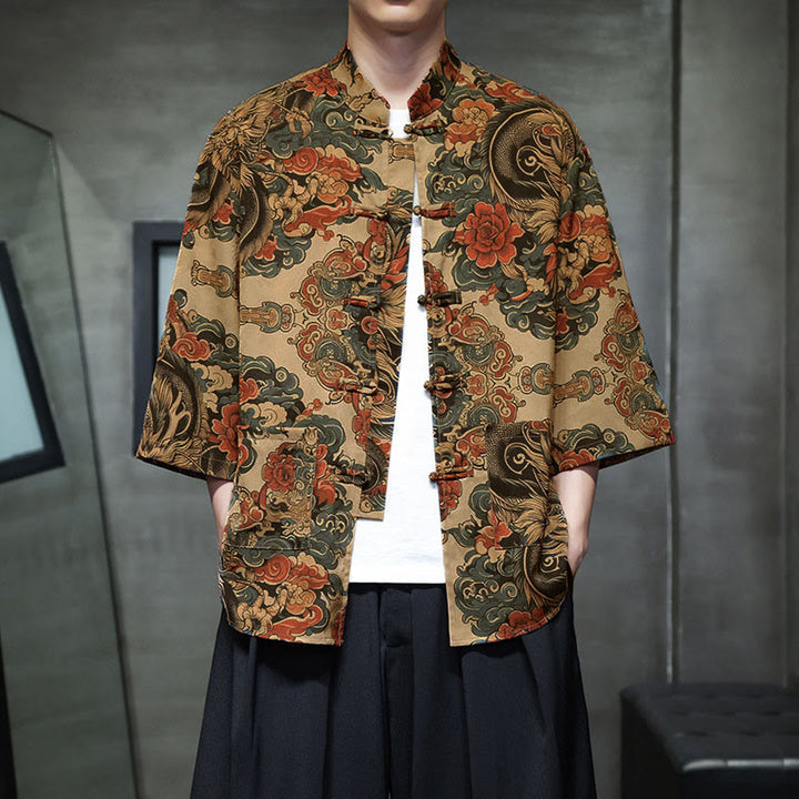Buddha Stones Spring Frog-Button Dragon Mountain Flower Three Quarter Sleeve Tang Suit Men's Shirt With Pockets - Biscotto - US/UK/AU44，EU54 (5XL) - image 10