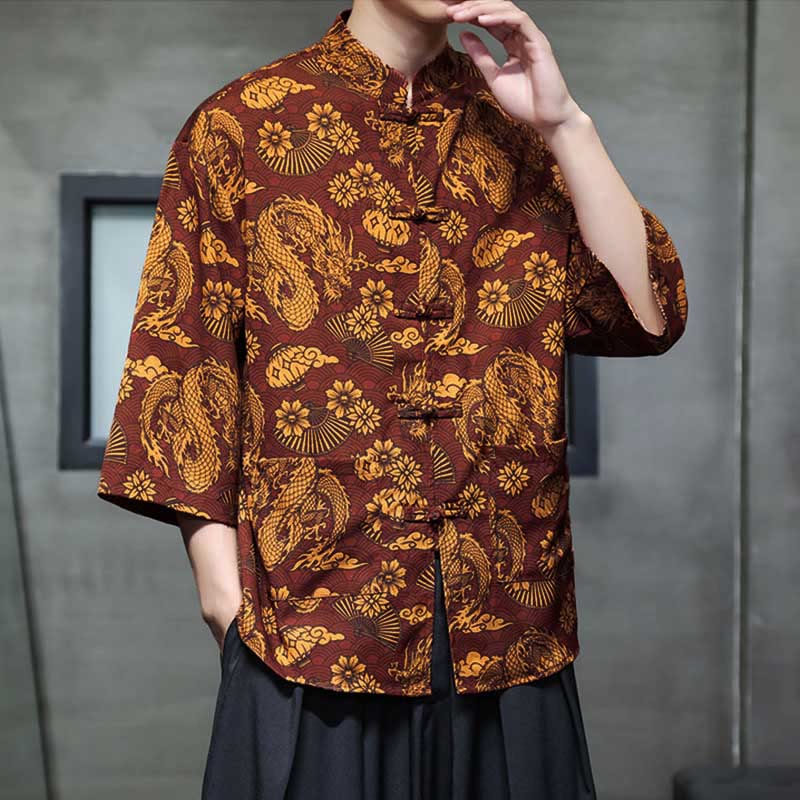 Buddha Stones Camicia da uomo con maniche a tre quarti, bottoni a rana, drago, montagna, fiore, abito Tang, con tasche - image 1