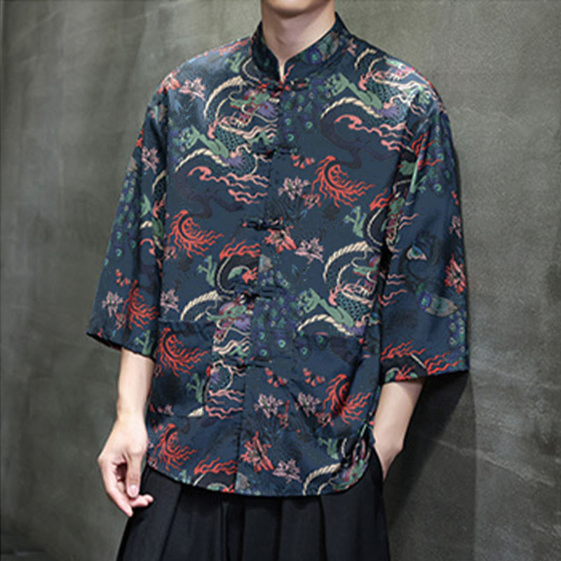 Buddha Stones Spring Frog-Button Dragon Mountain Flower Three Quarter Sleeve Tang Suit Men's Shirt With Pockets - image 22