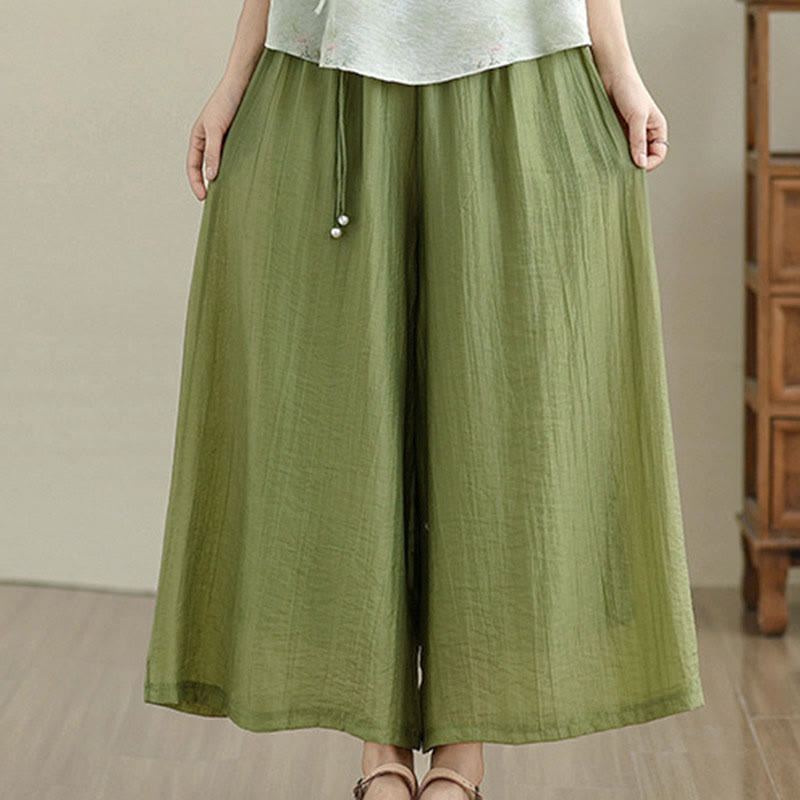Buddha Stones Pantaloni Capri a gamba larga da donna con elastico in vita e tinta unita - image 1